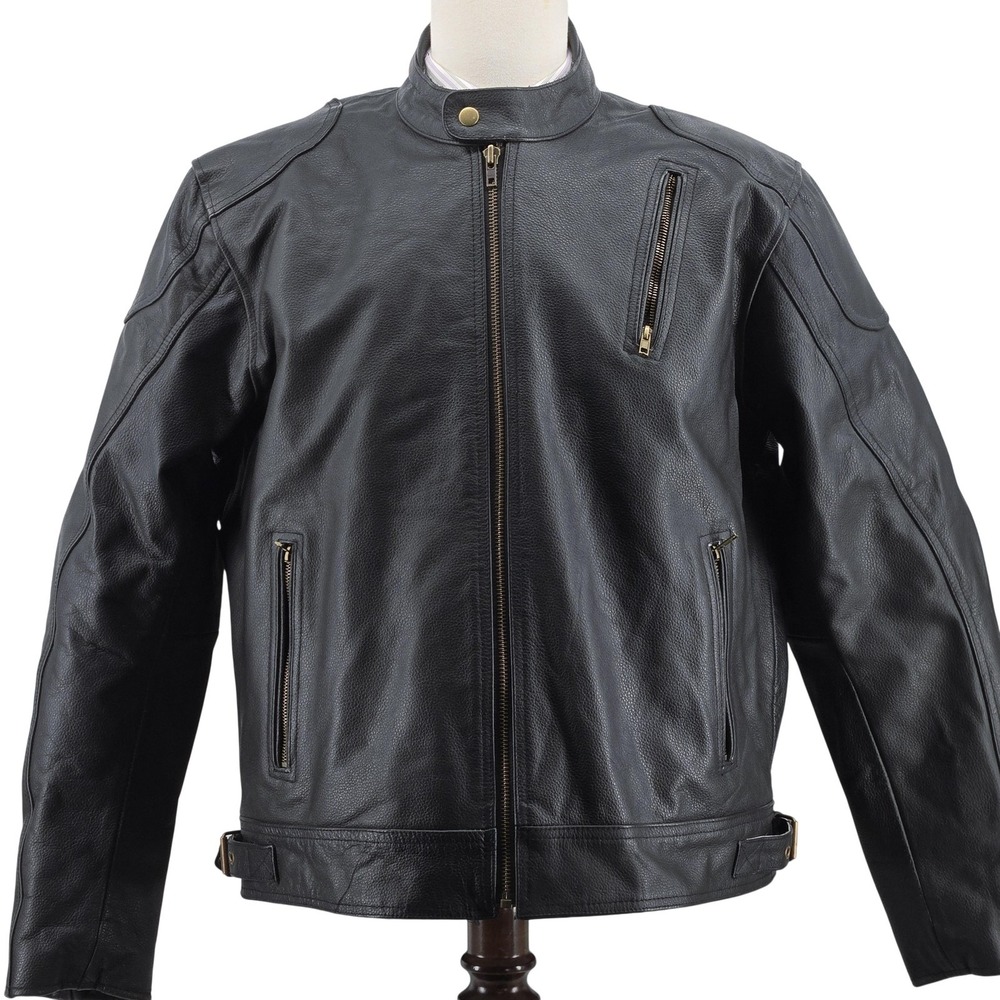 HWK Motorsports Jacket Mens 2XL Black Leather Motorcycle Lined Pockets